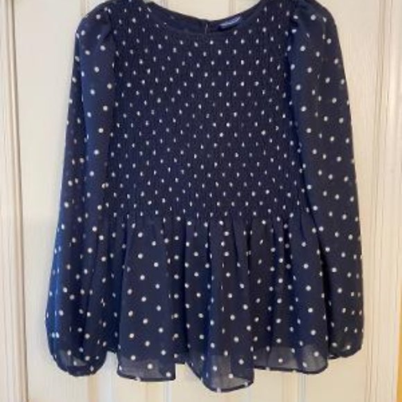Navy & White Polka Dot Smocked Peplum Blouse - Picture 1 of 5